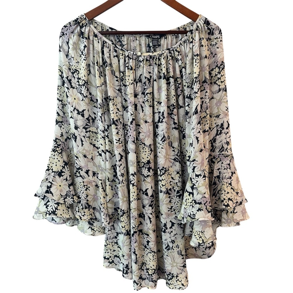 CHAPS Floral Lightweight blouse Black & Cream Boho  3/4 tiered sleeves sz 2X